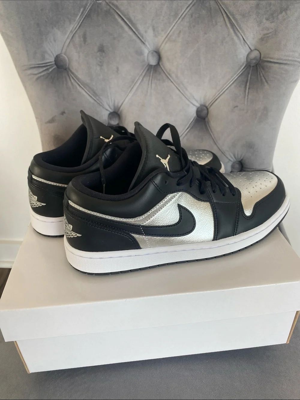 NWT Women’s Jordan 1 Low SE Black and Metallic Silver Low Top Sneakers - Picture 7 of 17